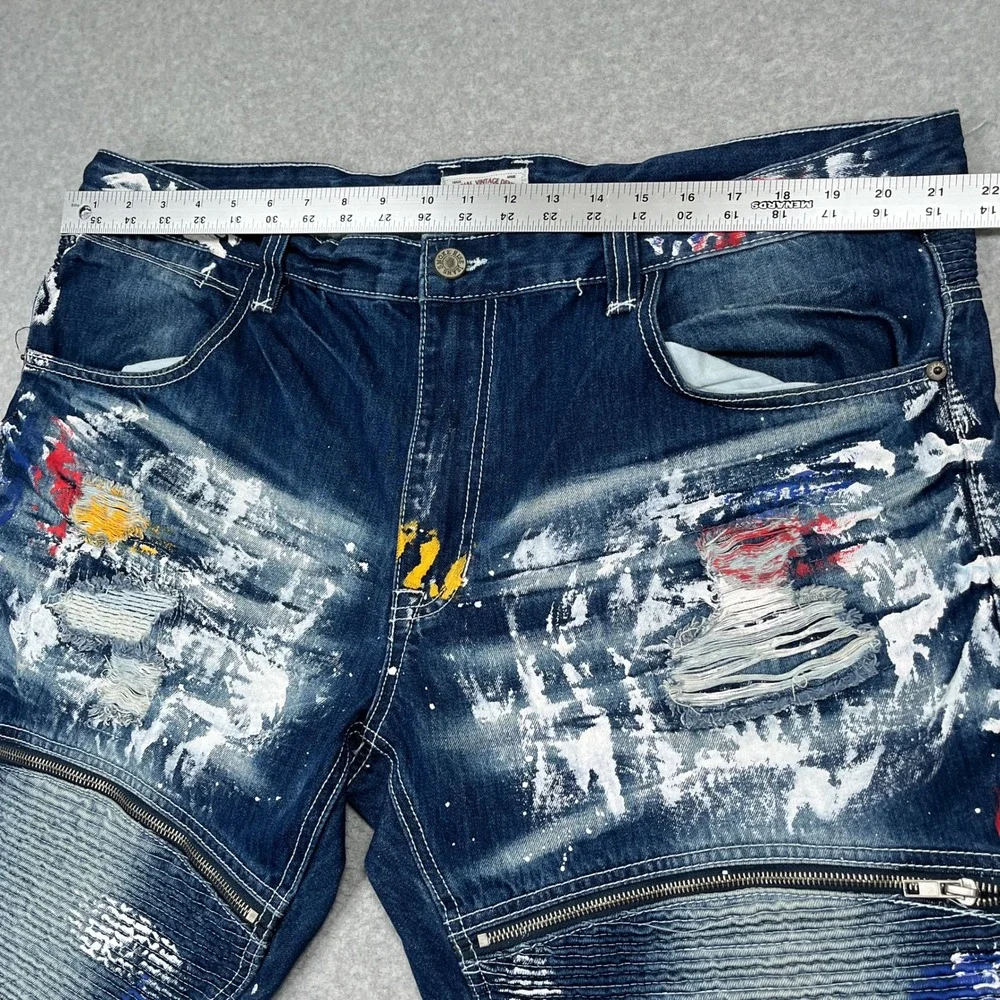 Smoke Rise Denim Jeans Mens 44 (43x32) Blue Paint Splatter Distressed Streetwear - Picture 3 of 13